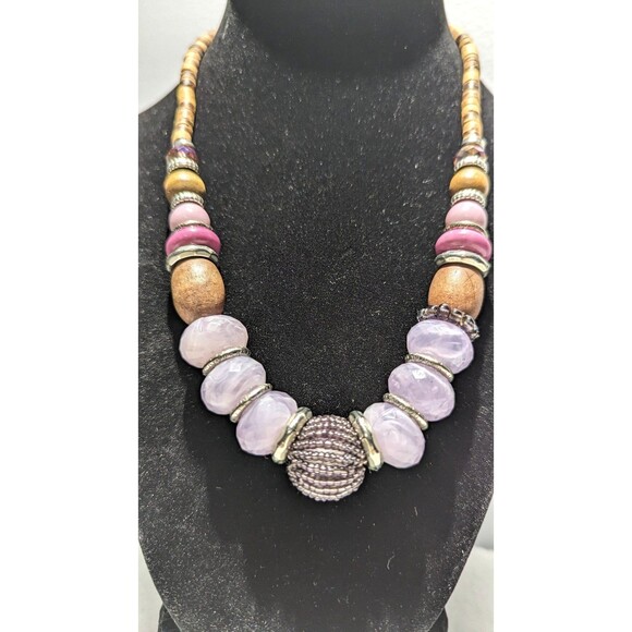 Boho Bold Shades of Lavender Brown Beaded Necklace - Picture 1 of 11